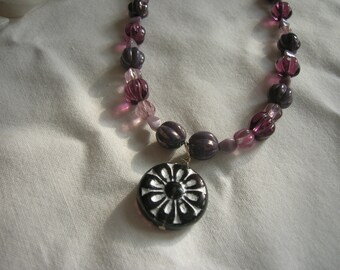 Purple Czech Pendant Necklace with Purple Melon Beads