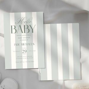 Faire-part de baby shower de verdure élégant - carte de baby shower moderne et neutre, invitation imprimable pour fille ou garçon, motif à rayures verticales