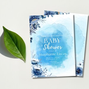 Faire-part de baby shower floral bleu – élégant modèle imprimable aquarelle, thème fille ou neutre, téléchargement numérique modifiable