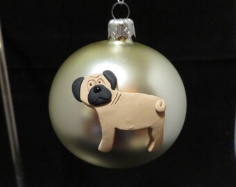 Adorno de bombilla de vidrio de pug de arcilla polimérica