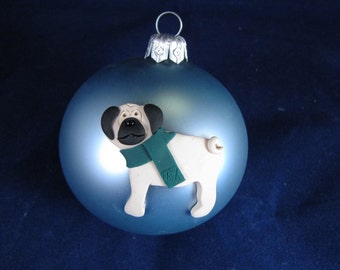 Polymer clay pug glass bulb ornament
