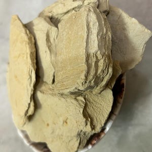 May include: A pile of light tan, irregularly shaped clay pieces. The clay appears to be in a small, decorative bowl. The clay pieces have a rough, textured surface and vary in size and shape.