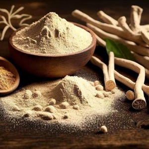Może przedstawiać: Martwa natura z ashwagandhą. Zawiera drewnianą miskę wypełnioną proszkiem, drewnianą łyżkę z granulkami i suszone korzenie. Scena jest ustawiona na ciemnej drewnianej powierzchni, z naturalną, ziemistą estetyką.
