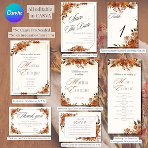 Peut inclure: Ensemble de modèles de papeterie de mariage avec des motifs floraux. Comprend des invitations, des cartes de sauvegarde, des numéros de table, des cartes RSVP et un programme de mariage. Les designs présentent une typographie élégante et une palette de couleurs chaudes.