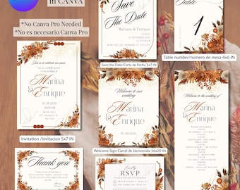 Terracotta Fall Wedding Invitation Set Canva Template | Boho Autumn Wedding Bundle | Editable Printable Invite, RSVP, Sign, Program,#tables