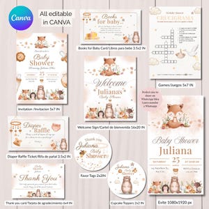 Puede incluir: Un conjunto de plantillas de papelería para baby shower con temática de bosque. Incluye invitaciones, carteles de bienvenida, tarjetas de agradecimiento, etiquetas de recuerdo y adornos para cupcakes. Diseños con un zorro, un oso y otros animales del bosque. Todo editable en Canva.