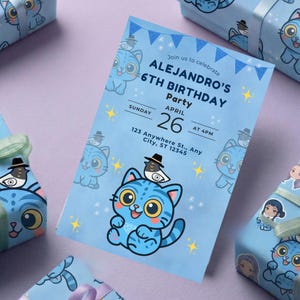 May include: A light blue birthday party invitation featuring a cartoon cat design. The invitation states "ALEJANDRO'S 6TH BIRTHDAY Party" with the date "APRIL 26" and time "AT 4PM". It includes star and cat illustrations as decorative elements.