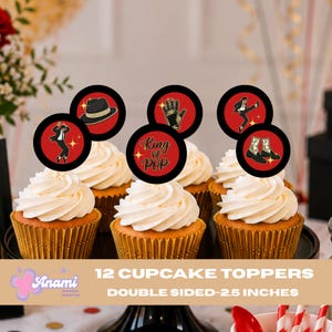 May include: A display of cupcakes topped with decorative toppers. The toppers are black circles with red backgrounds, featuring images of a hat, glove, and dancing figure. The text "King of Pop" is also displayed. The cupcakes are in gold foil wrappers.