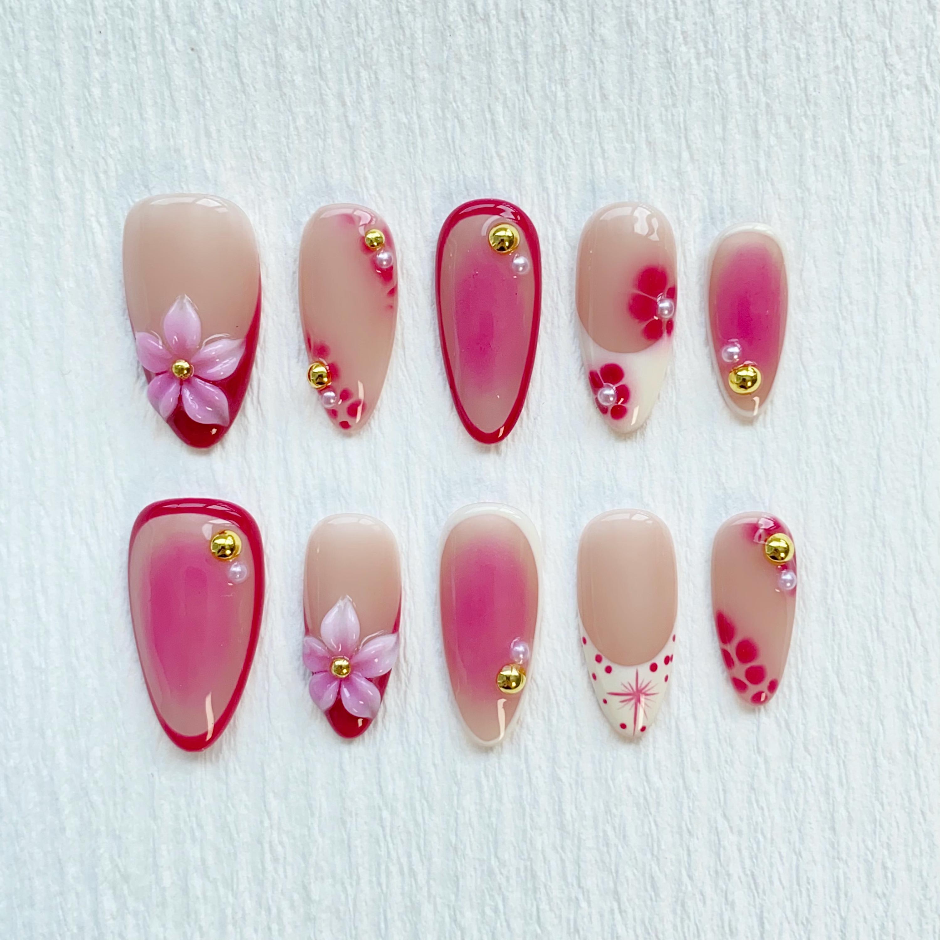 Summer Red Floral Press On Nails Short Almond Nails/3D Flower Nails/Elegant Nails/ Holiday Nails/Aura Nails/birthday nails/French Nails
