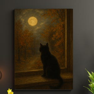 Black Cat Moonlight Print, Autumn Night Digital Art, Cozy Fall Wall Decor, Cat Lover Printable, Full Moon Window Scene, Witchy Vibes Artwork