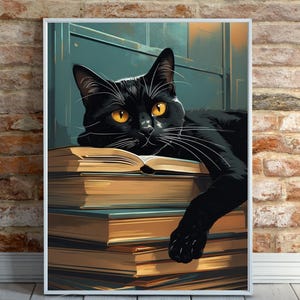 Schwarze Katze auf Bücher Digitale Kunst - gemütliche Vintage Katzenwandkunst, Buchliebhaber druckbare, Retro ästhetische Katzenillustration Sofort-Download