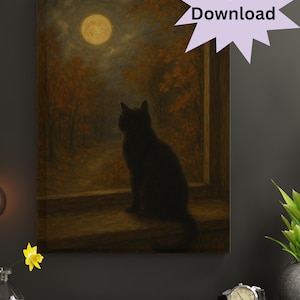 Black Cat Moonlight Print, Autumn Night Digital Art, Cozy Fall Wall Decor, Cat Lover Printable, Full Moon Window Scene, Witchy Vibes Artwork