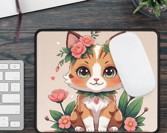 Süße Katzen Floral Gaming Maus Pad | Entzückendes Schreibtisch Accessoire für Gamer, Katzen Liebhaber, Geschenke, Home Office Dekor, Floral Mousepad