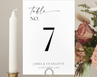 Plantilla minimalista de números de mesa para bodas: elegante e imprimible (editable en Canva), MC25