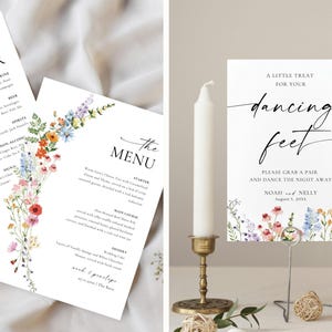 Floral wildflower wedding signs bundle examples, editable Canva bar menu, dancing feet sign, printable reception signage templates