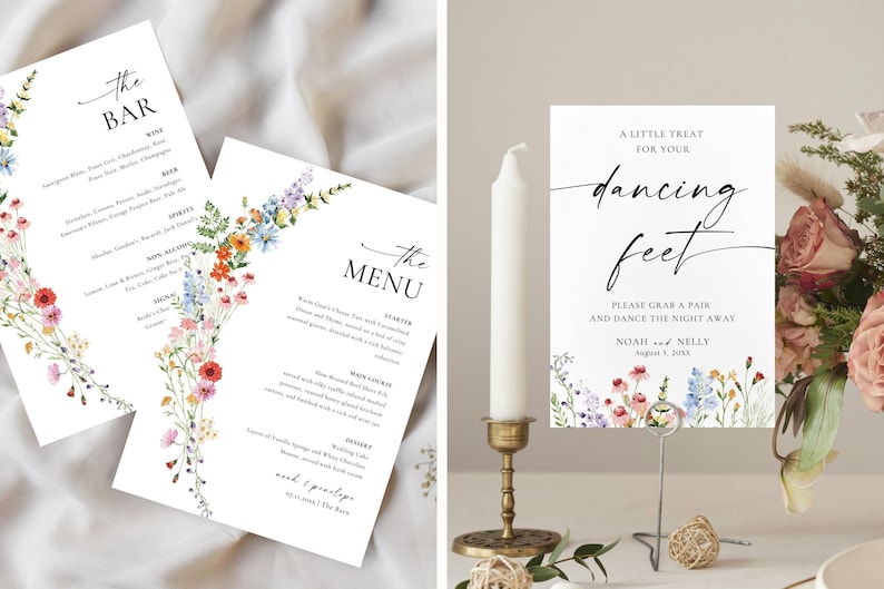Floral wildflower wedding signs bundle examples, editable Canva bar menu, dancing feet sign, printable reception signage templates