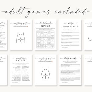 Editable bachelorette and bridal shower games overview – 10 fun and cheeky bachelorette activities included, minimalist printable Canva template pack, instant download.