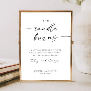 Op de afbeelding: Een ingelijst bord met de tekst "This candle burns" in elegant schrift. Het bord bevat de tekst "Ter nagedachtenis aan degenen die er vandaag niet kunnen zijn, maar in ons hart zijn. Vandaag en altijd." Het bord zit in een gouden lijst.