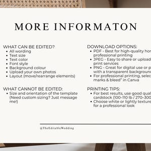 Editable Canva wedding signage details – fonts, text, and colours fully customizable with download options for PDF, JPG, and PNG prints.