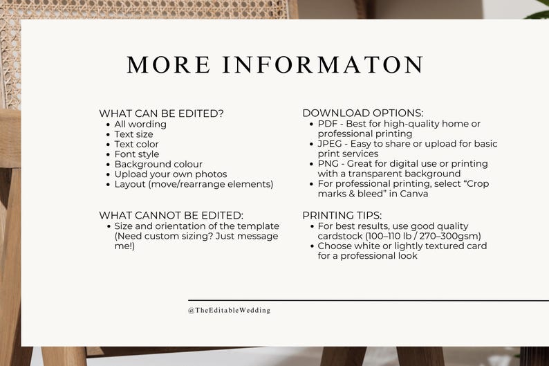 Editable Canva wedding signage details – fonts, text, and colours fully customizable with download options for PDF, JPG, and PNG prints.