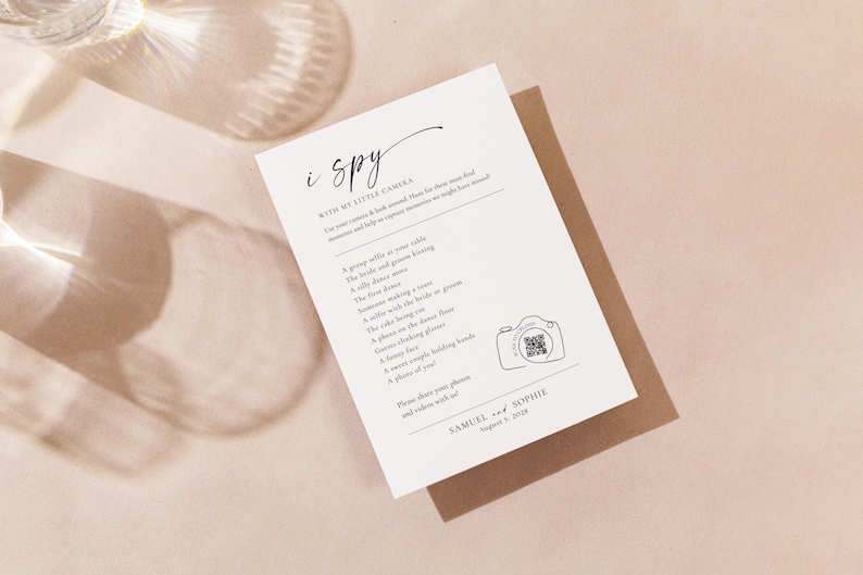 wedding QR code sign printable on beige textured background with glass shadows, modern wedding photo sharing sign template, editable Canva QR code wedding sign, minimalist wedding reception signage