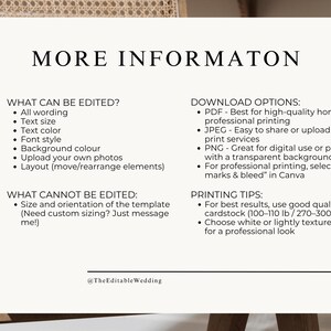 More Information graphic – editable Canva bridal shower game templates, customizable fonts, colors, and layouts, printable wedding shower activity pack details.