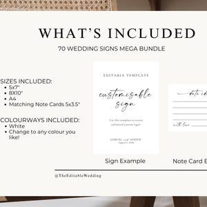 What’s included Canva listing page – 70 editable wedding signs with matching note card examples, available in multiple sizes and colours.