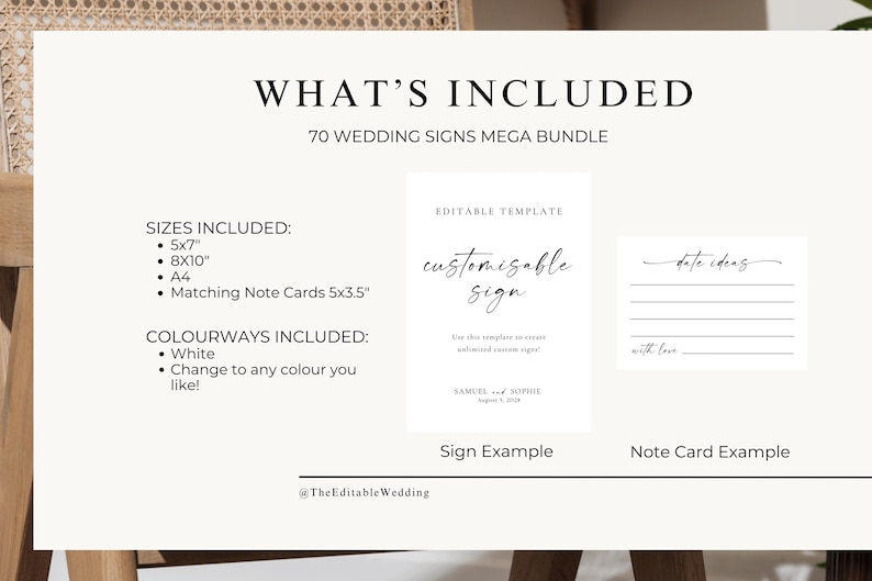 What’s included Canva listing page – 70 editable wedding signs with matching note card examples, available in multiple sizes and colours.