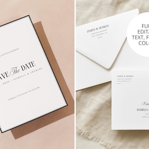 Minimalist save the date and wedding stationery flat lay showing fully editable Canva wedding templates with classic black and white old money wedding style