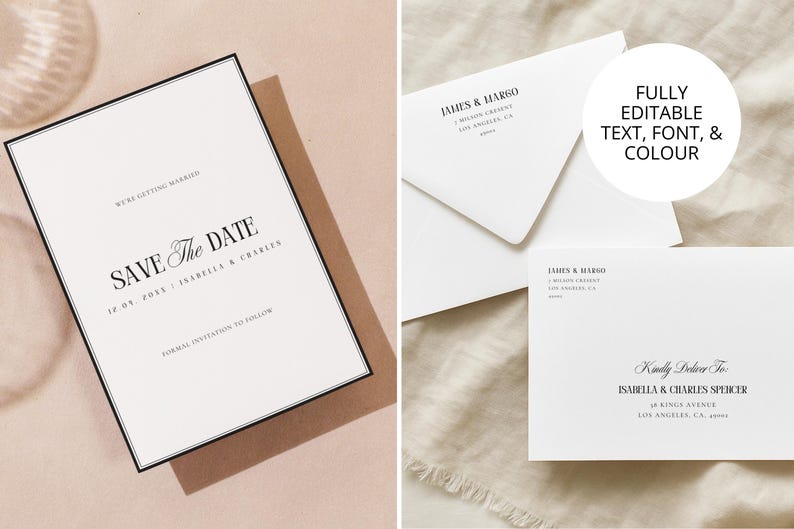 Minimalist save the date and wedding stationery flat lay showing fully editable Canva wedding templates with classic black and white old money wedding style