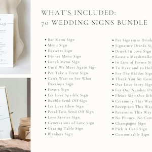 Editable wedding sign bundle product listing image showing 70+ printable Canva templates for wedding reception, ceremony, and bar signage.
