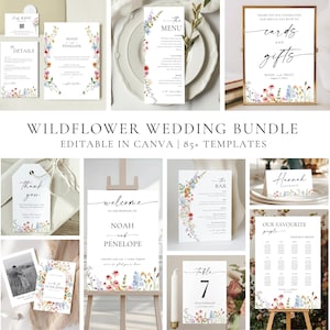 Può includere: Una collezione di modelli di partecipazioni di nozze a tema fiori di campo. Include inviti, menu, segnaletica e segnaposto. I design incorporano illustrazioni floreali e una tipografia elegante, con il testo "Wildflower Wedding Bundle".