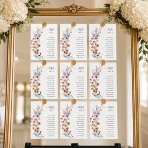Può includere: Un tableau de mariage con cornice dorata con nove biglietti, ognuno dei quali mostra un numero di tavolo e i nomi degli invitati. I biglietti sono decorati con un motivo floreale nei toni del rosa, arancione e blu. Composizioni floreali bianche adornano la parte superiore della cornice.