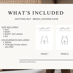 What’s included page — sizes 5x7, 8x10, 8.5x11, A4 — printable Anything But bridal shower game, editable hen party drawing activity template, instant download.