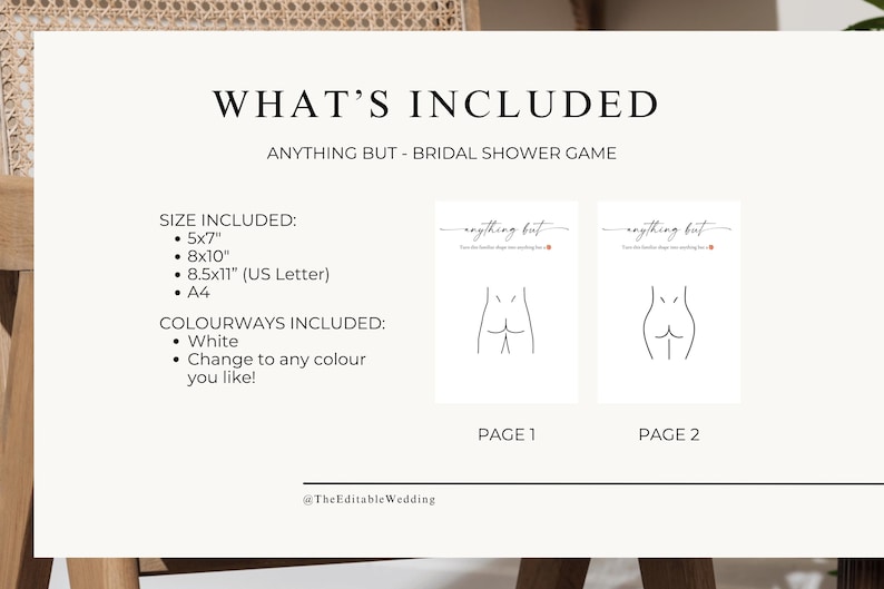 What’s included page — sizes 5x7, 8x10, 8.5x11, A4 — printable Anything But bridal shower game, editable hen party drawing activity template, instant download.