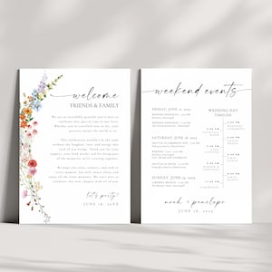 May include: Two white wedding signs. One says "welcome FRIENDS & FAMILY" with floral accents. The other lists "weekend events" with a timeline. The signs include the names "Noah + Penelope" and the date "June 18, 20XX".