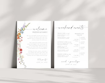 Modèle d'itinéraire de mariage fleurs sauvages : chronologie du week-end modifiable (toile, téléchargement numérique)