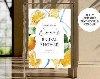 Cartel de bienvenida para despedida de soltera con cítricos y limón: "Ella encontró su amor principal"
