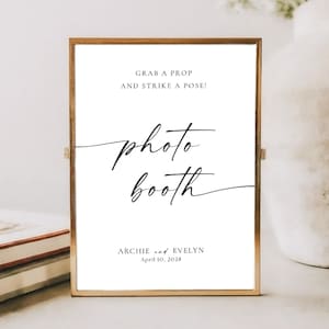 Wedding photo booth sign template, grab a prop and strike a pose sign, minimalist printable sign, editable Canva template, party decor