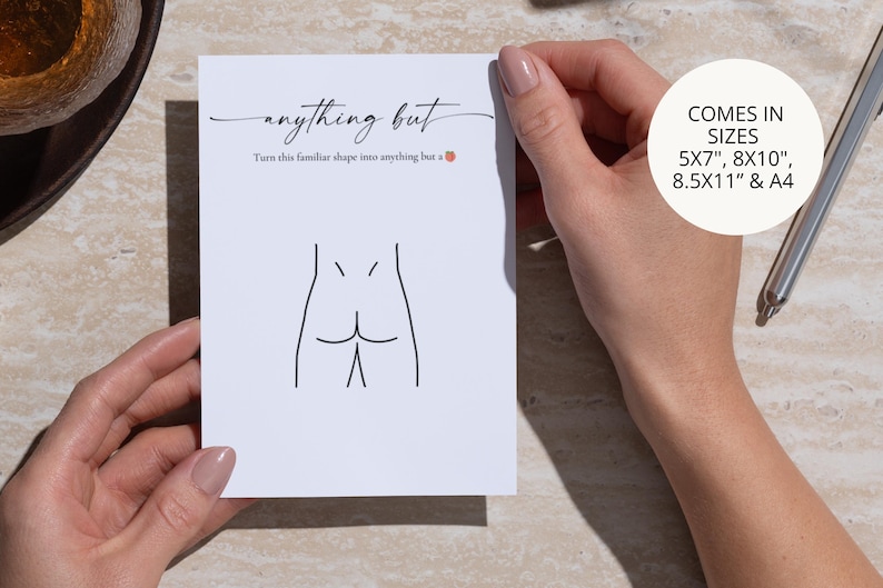 Close-up of editable Anything But bachelorette party game — dirty bridal shower game template, printable girls night drinking game, hen do party activity.