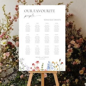 Peut inclure: Un plan de table de mariage blanc sur un chevalet, avec le texte "OUR FAVOURITE people" en haut. Le tableau liste les noms sous les numéros un à douze. Le bas présente un motif floral à l'aquarelle. La date "17.04.20XX" est également visible.