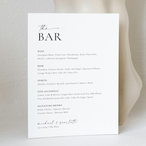 Modern Wedding Bar Menu Sign, Editable Canva Template, Beer Wine Cocktail List, The Bar Sign, Minimalist Wedding Drink Sign Printable