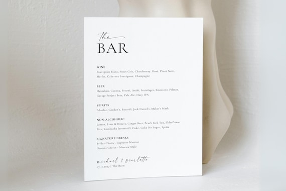 Modern Wedding Bar Menu Sign: Editable Minimalist Template (Digital Download), MC25