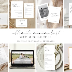 Puede incluir: Una colección de plantillas de papelería de boda minimalistas, que incluyen invitaciones, tarjetas RSVP y señalización. El diseño presenta una tipografía elegante y una estética limpia y moderna. El texto "Ultimate Minimalist Wedding Bundle" se muestra de forma destacada.