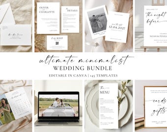 Könnte beinhalten: Eine Sammlung minimalistischer Hochzeitspapeterie-Vorlagen, darunter Einladungen, RSVP-Karten und Schilder. Das Design zeichnet sich durch elegante Typografie und eine klare, moderne Ästhetik aus. Der Text "Ultimate Minimalist Wedding Bundle" ist prominent dargestellt.