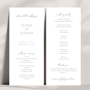 May include: Two-page wedding program with elegant script. The left page reads "Welcome to the wedding of Oliver and Sophia" and lists the ceremony details. The right page lists the wedding party and a thank you message.