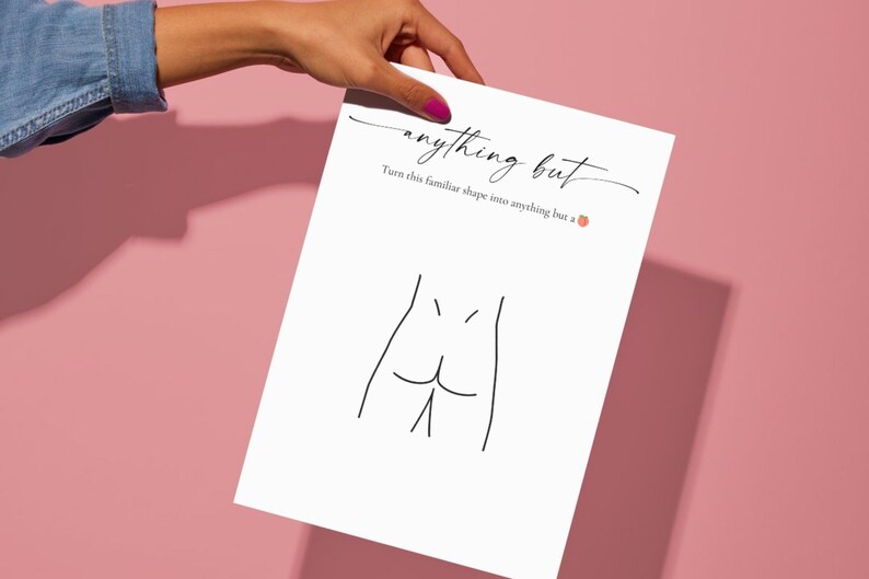 Woman holding Anything But printable game sheet — funny girls night drinking game, editable bridal shower game, dirty hen party icebreaker activity.