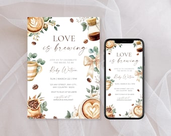Faire-part nuptiale Love Is Brewing : modèle d'invitation au café (téléchargement instantané)