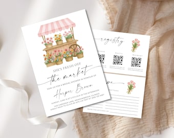 Rustic Bridal Shower Invitation Set: Flower Market Theme (Editable Canva Template, Digital Download