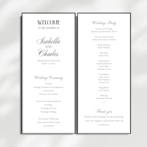Może przedstawiać: Program ślubu z czarną obwódką, z imionami "Isabella i Charles" w eleganckiej czcionce. Program zawiera szczegóły ceremonii ślubnej i orszaku weselnego, wszystko wydrukowane w kolorze czarnym na białym tle.